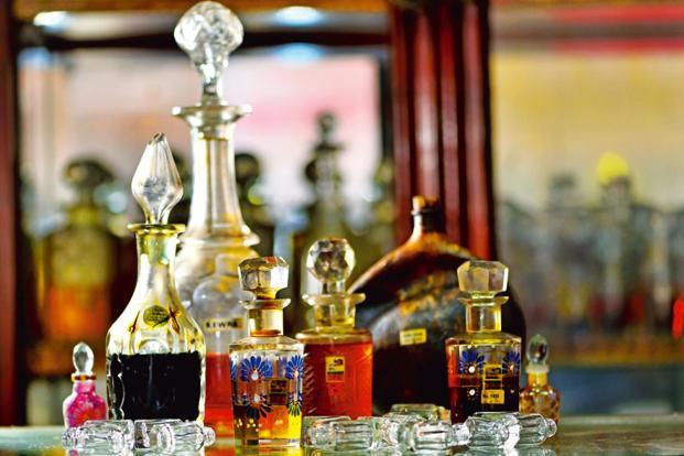 Placeholder image of various Egyptian perfume bottles on display